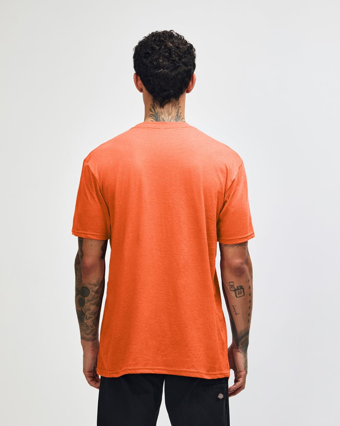 Unisex short sleeve T-shirt in vibrant orange, featuring a simple design with a logo on the back.