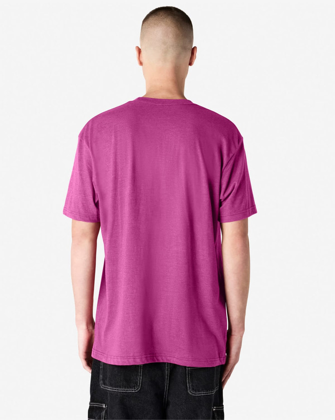 A unisex short sleeve T-shirt in bright pink, featuring a plain back and casual fit. Includes a logo.
