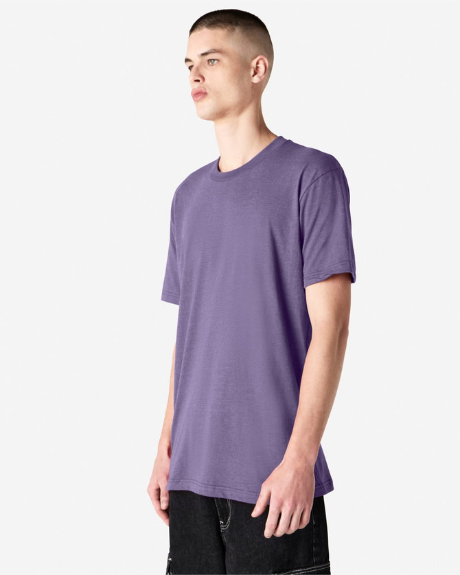 A unisex CVC short sleeve t-shirt in purple, featuring a simple design and a fitted cut.