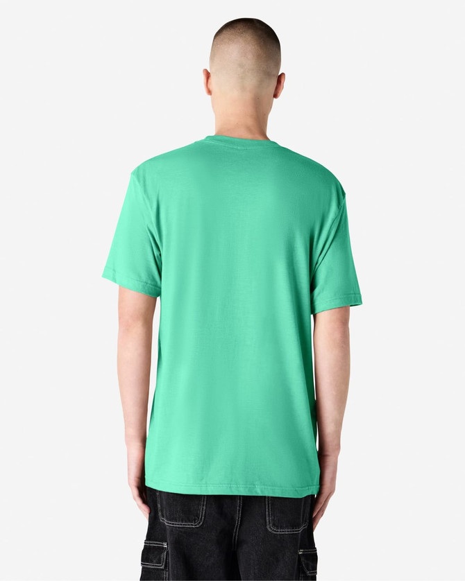 A mint green unisex short sleeve t-shirt with a plain back and a logo on the upper side.