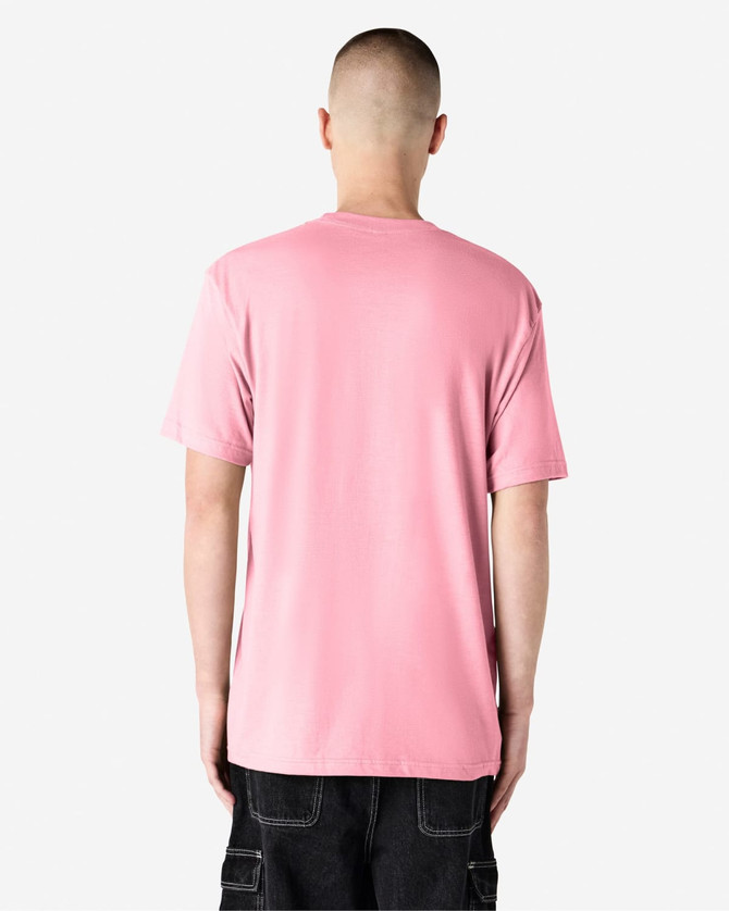 A pink unisex short sleeve T-shirt with a plain back and a subtle logo.