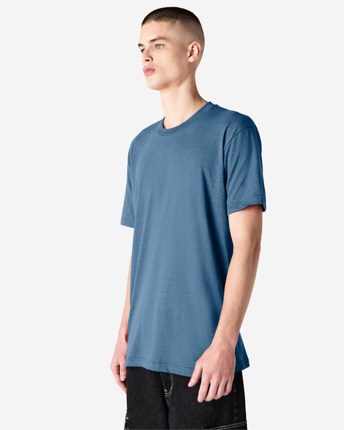A unisex short sleeve T-shirt in a blue hue, featuring a simple design and a logo on the front.