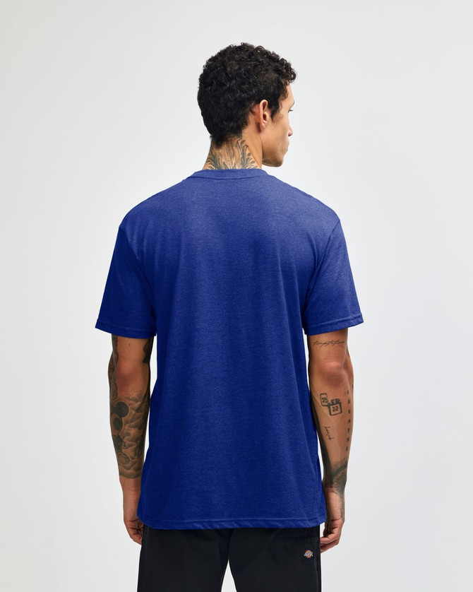 A blue unisex CVC short sleeve t-shirt with a plain back view, featuring a logo.