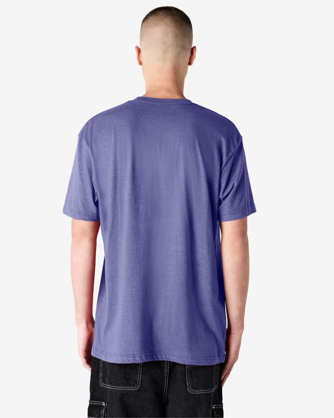 A unisex short sleeve T-shirt in purple, shown from the back, featuring a label on the neckline.