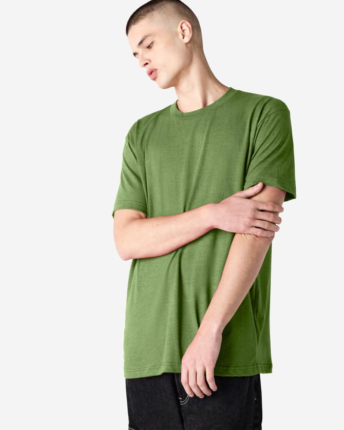 A unisex short sleeve T-shirt in olive green, featuring a simple design and no visible logos.