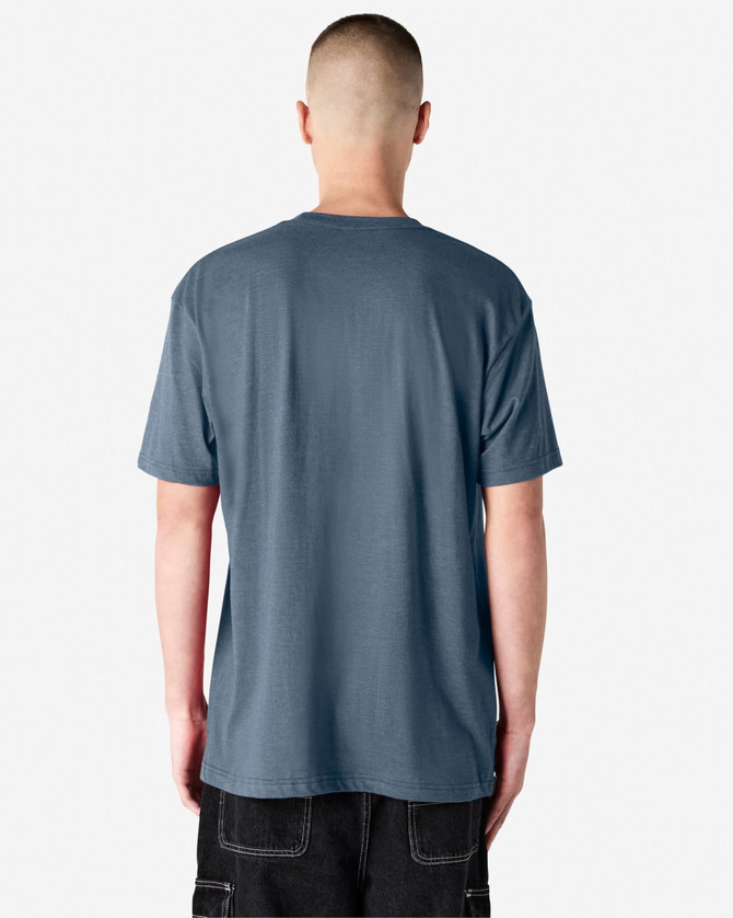 A unisex short sleeve T-shirt in a blue hue, featuring a simple design and a brand logo.