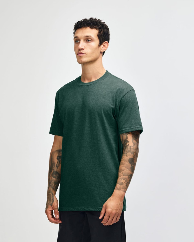 A unisex short sleeve T-shirt in forest green, featuring a simple cut and a logo on the tag.