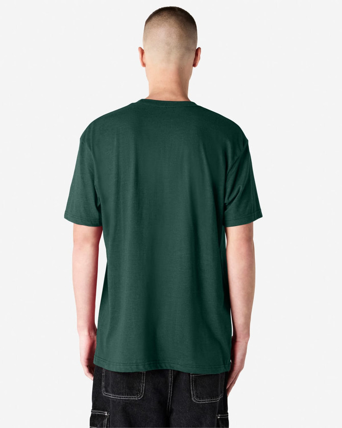 A unisex short sleeve t-shirt in dark green, featuring a plain back and a simple design.