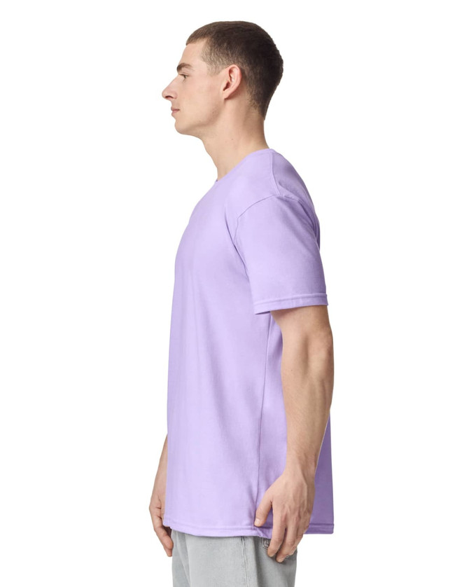 A unisex short sleeve t-shirt in a light purple colour, featuring a logo on the front.