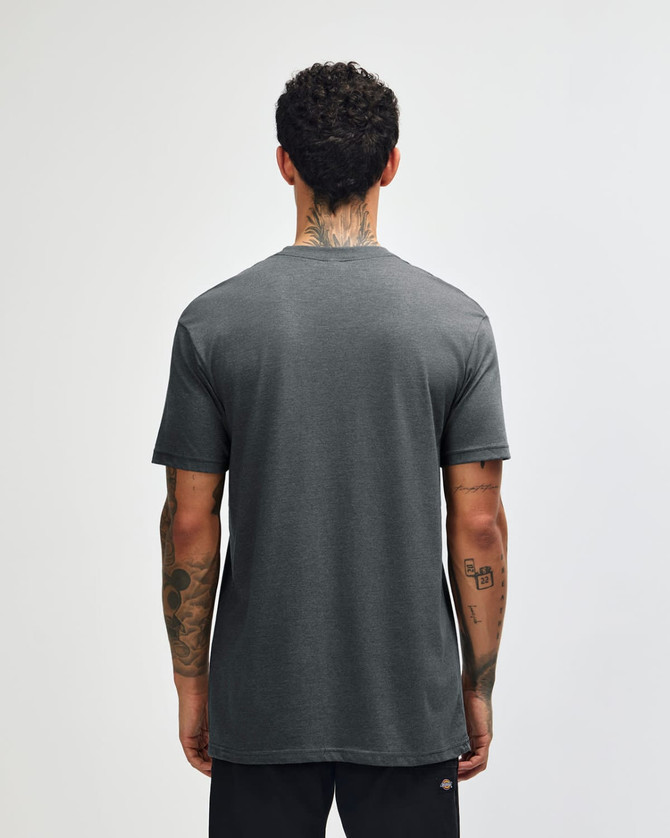 A grey unisex CVC short sleeve T-shirt displayed from the back, featuring a simple design and logo.