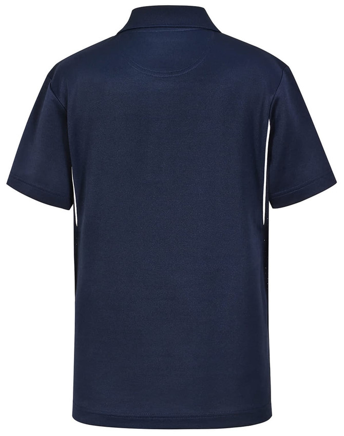 A navy blue kids' polo shirt featuring short sleeves and a collar, with branding on the back.