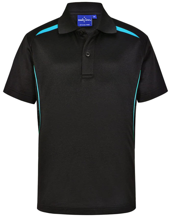 A black polo shirt featuring teal contrast panels and a collar. The shirt has a logo on the chest.