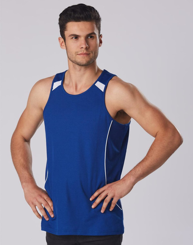 A blue men's singlet with white accents and a logo on the chest. Styled with a slim fit.