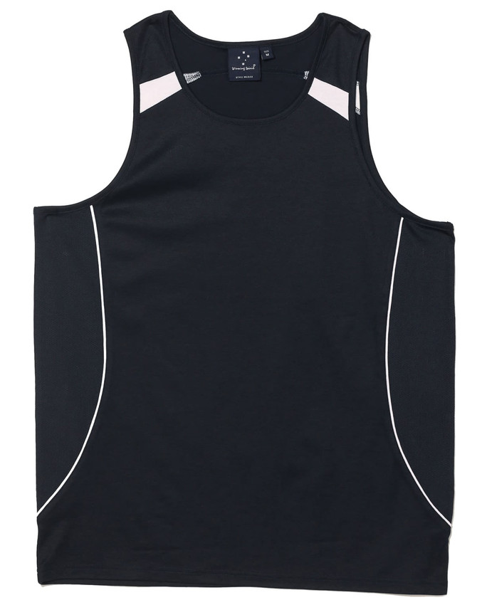 A black men's singlet featuring contrasting white detailing and a logo. Suitable for fashion and casual wear.