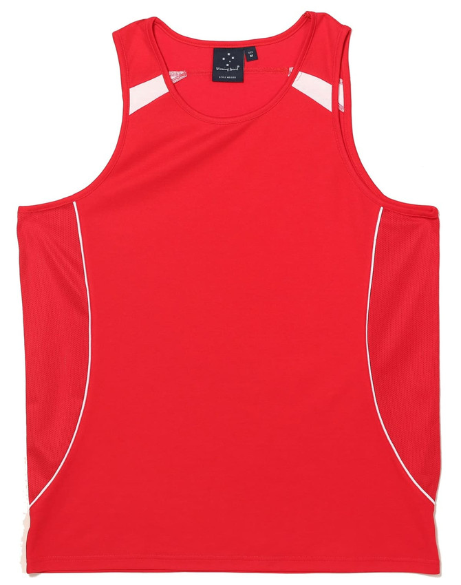A red men's singlet featuring white detailing and a logo on the label.