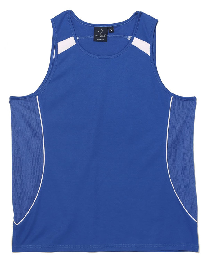 A blue men's singlet featuring mesh panels and contrasting white accents. It includes a label with branding.