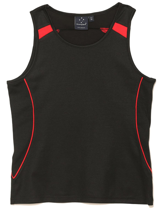 A dark green singlet featuring red accents and a logo on the upper part.