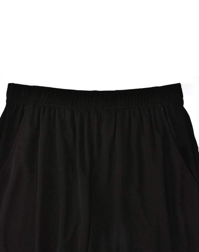 Black bamboo charcoal sports shorts featuring an elastic waistband and side pockets. Includes a logo.