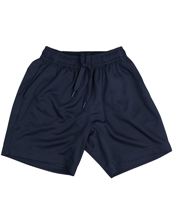 Navy bamboo charcoal sports shorts with an elastic waistband and two side pockets, featuring a logo.