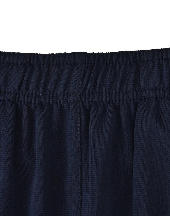 Dark navy sports shorts featuring an elastic waistband and a logo on the fabric.