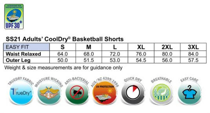 Adults' basketball shorts in various sizes, featuring a logo and details on fabric technology and care instructions.