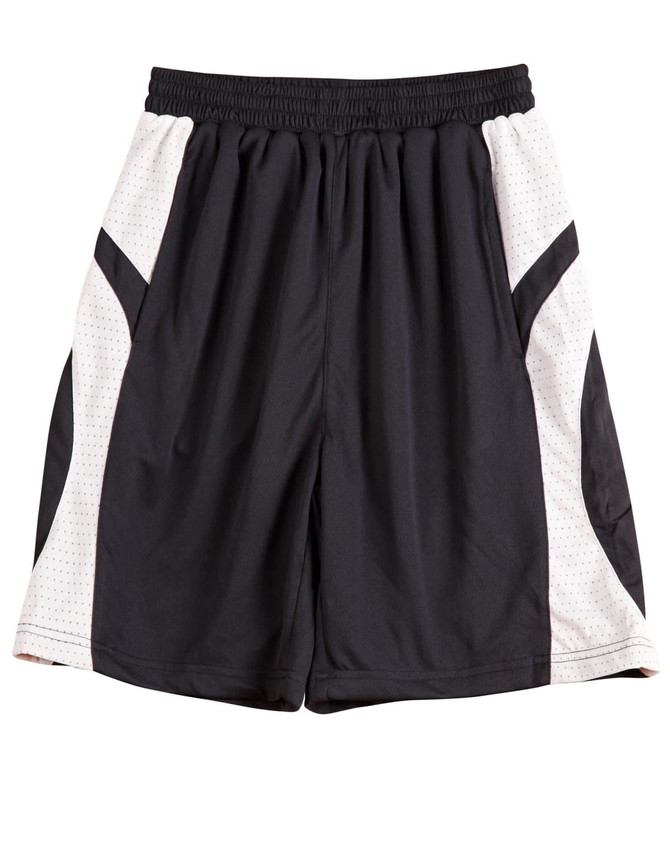 Black basketball shorts with white mesh panels and an elastic waistband, featuring a logo.