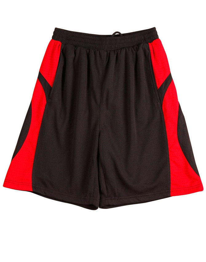 Kid's basketball shorts featuring a black body with red accents and an elastic waistband. Includes a branding logo.
