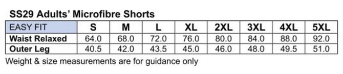 A chart displaying size measurements for SS29 Adults' Microfibre Shorts, including waist and outer leg dimensions.
