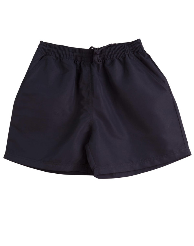 Adult microfibre shorts in black, featuring an elastic waistband and a drawstring, with a simple branding logo.