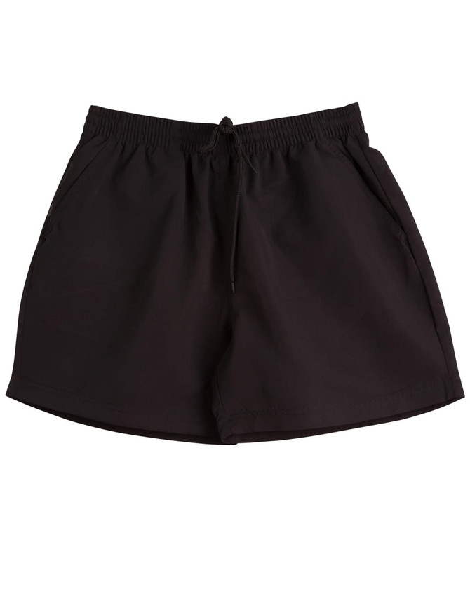 Black microfibre shorts with an elasticised waistband and side pockets, featuring a simple logo.