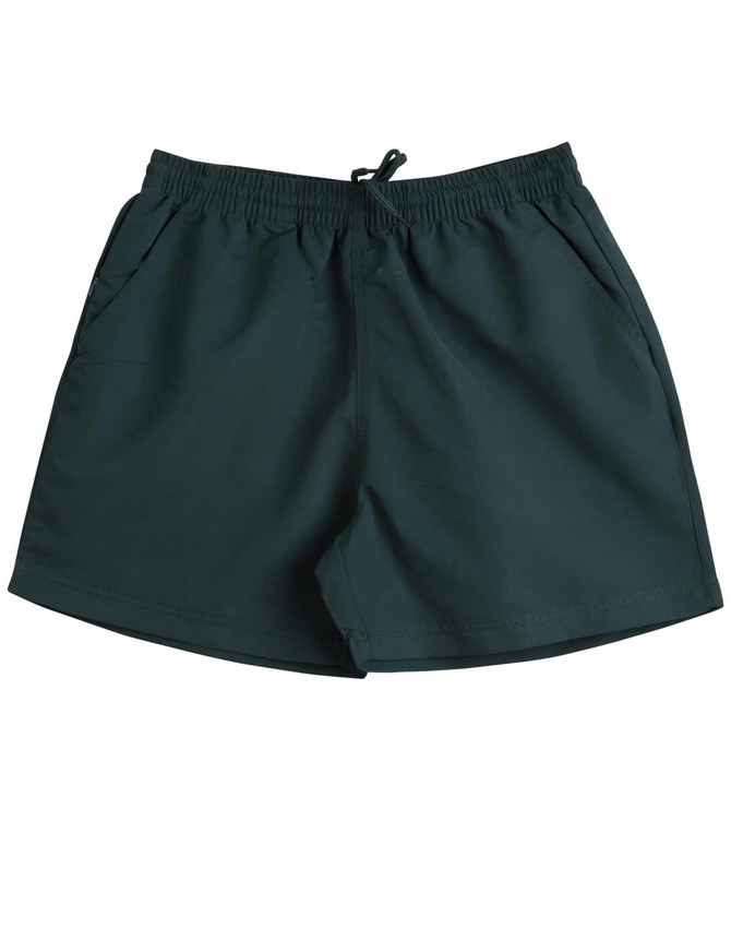 Dark green microfibre shorts with an elastic waistband and side pockets, featuring a logo.