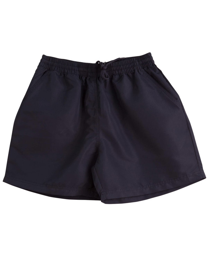 Kids' microfibre shorts in a plain black design, featuring an elastic waistband and pockets.