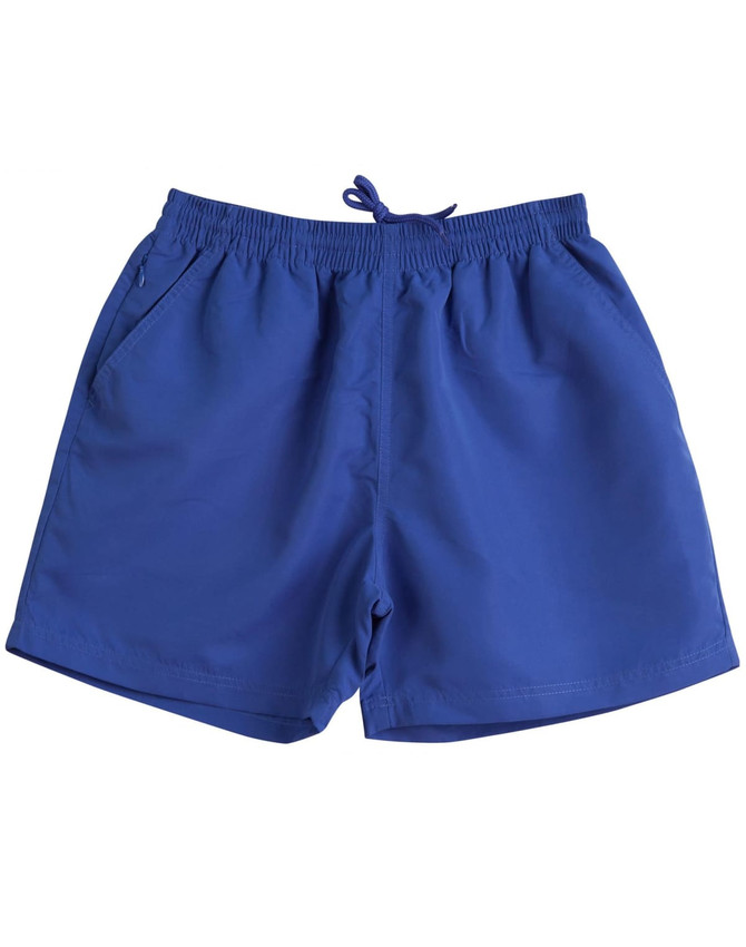 Blue microfibre shorts featuring an elastic waistband and side pockets, with a branding logo.