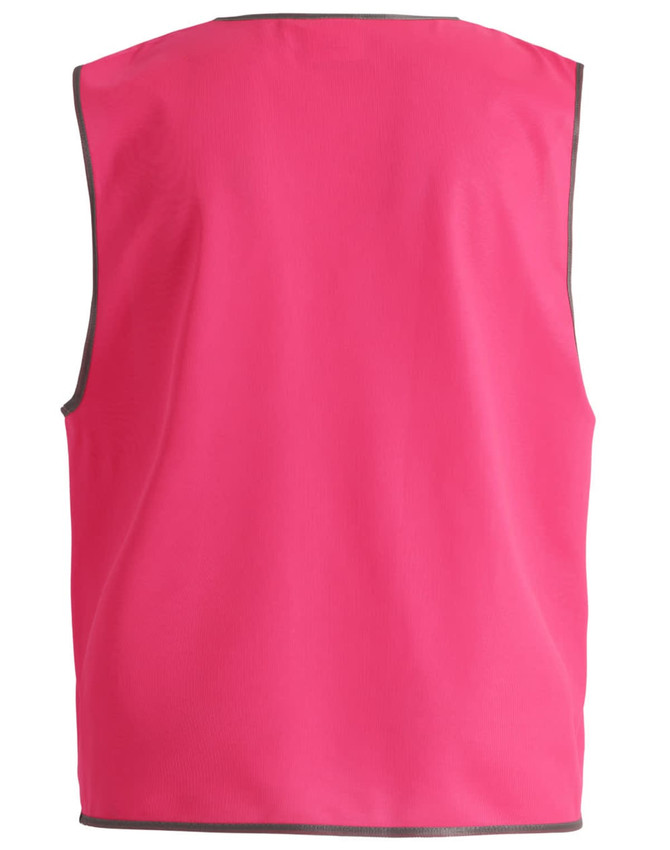 A pink hi-vis safety vest with grey trim, featuring a logo on the back.