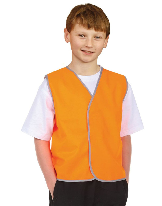 A bright orange children's safety vest with grey trim, suitable for uniform use. The vest has a simple design and no logos.