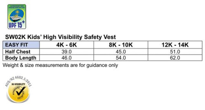 A high-visibility kid's safety vest in bright yellow, featuring a logo and safety sizing information.