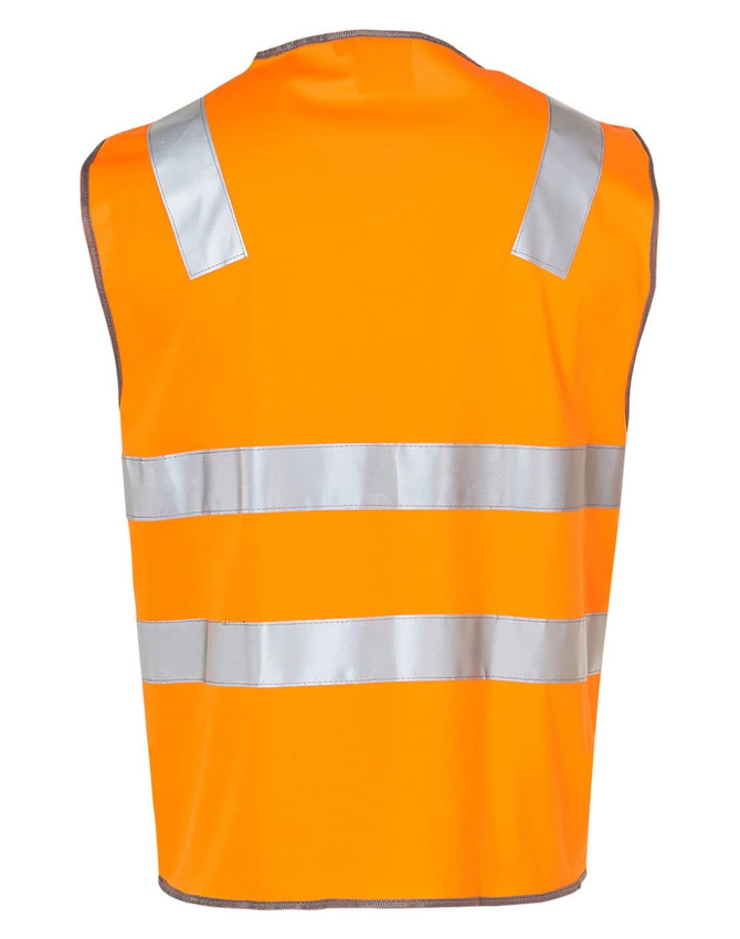 An orange safety vest with reflective silver tape stripes, featuring a logo on the back.