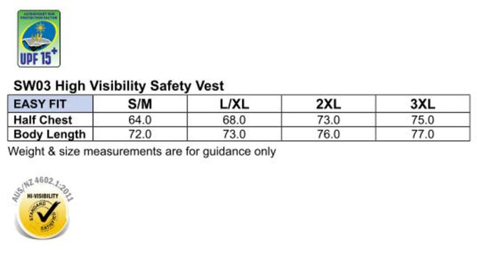 A high visibility safety vest in yellow, featuring reflective tapes, with size and measurement details listed.