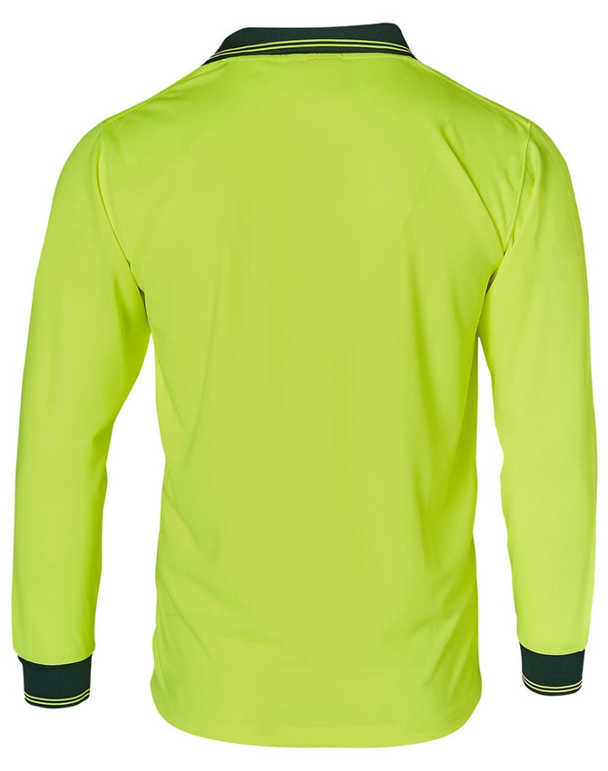 Hi-Vis long-sleeve safety polo in bright yellow with black detailing and a collar, featuring a logo.
