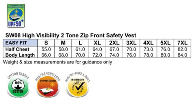 A high-visibility two-tone polar fleecy vest in yellow and navy blue, with a logo and size chart included.