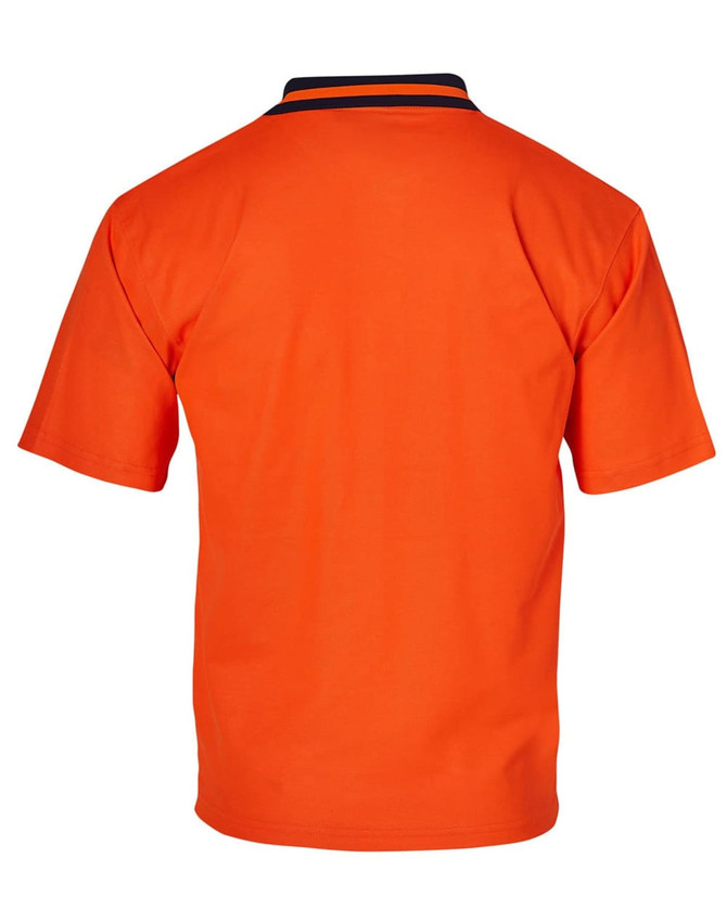 An orange short-sleeved polo shirt with a black collar, featuring a logo.