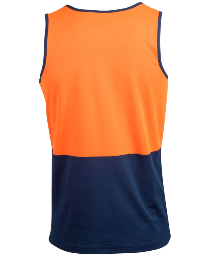 A safety singlet featuring a bright orange upper and dark navy lower, designed for high visibility. It has a logo.