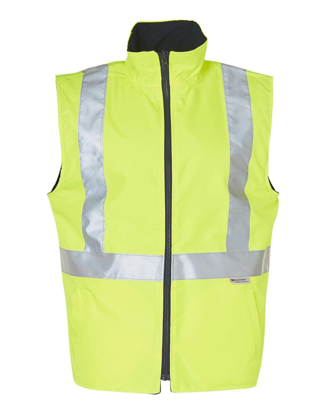 A bright yellow reversible safety vest with silver reflective 3M tape in a hoop pattern, featuring a zip closure.