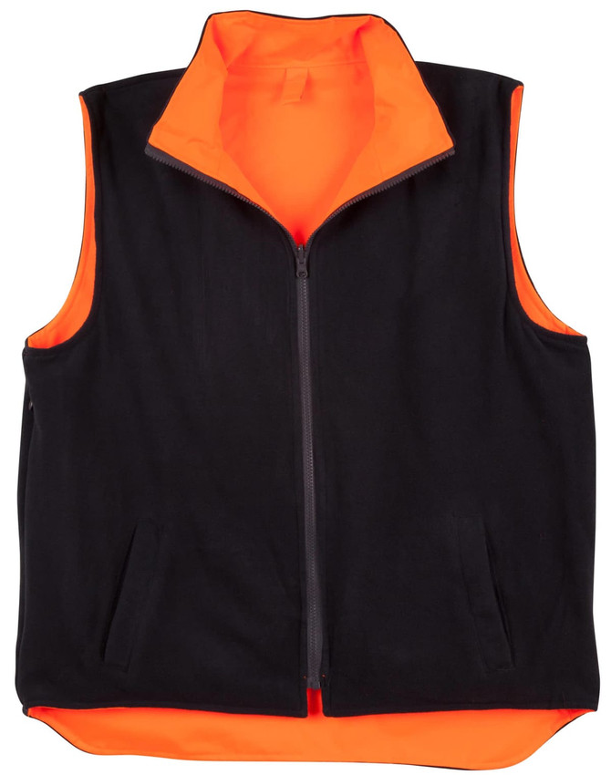 A reversible safety vest featuring a black exterior and bright orange interior, designed with pockets and a zip front.