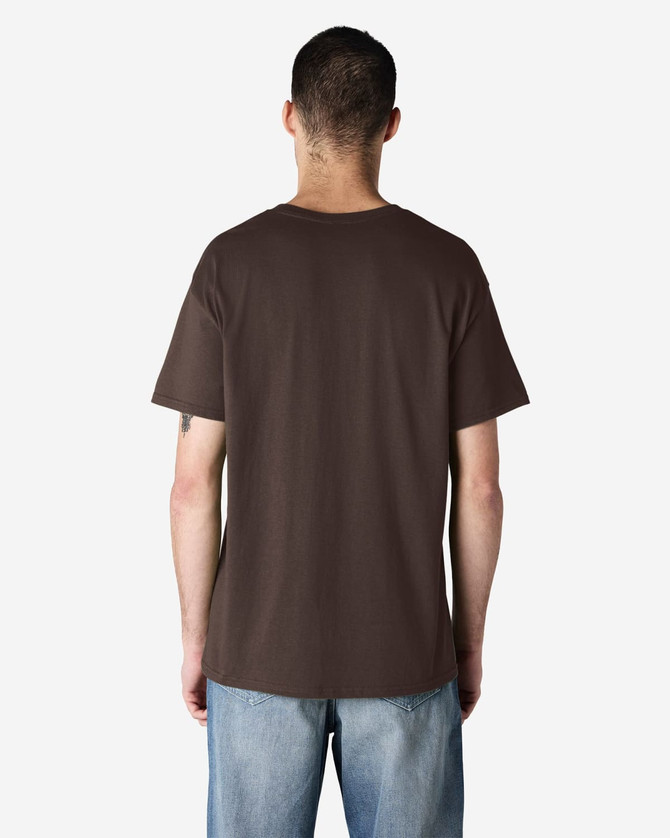 A brown Gildan Heavy Cotton adult T-shirt displayed from the back, featuring a simple design and short sleeves.