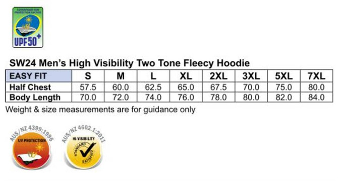 A size chart for a hi-vis two-tone fleece hoodie, displaying measurements in various sizes. Features logos for UV protection and high visibility.