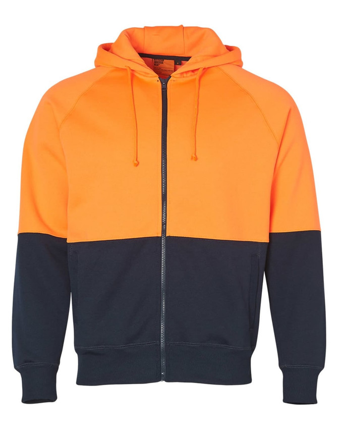 A Hi-Vis two-tone fleecy hoodie featuring an orange upper and navy lower, with a front zipper and hood.