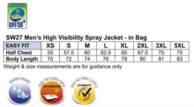 A high visibility spray jacket in a bag with reflective elements, available in various sizes, featuring a logo.
