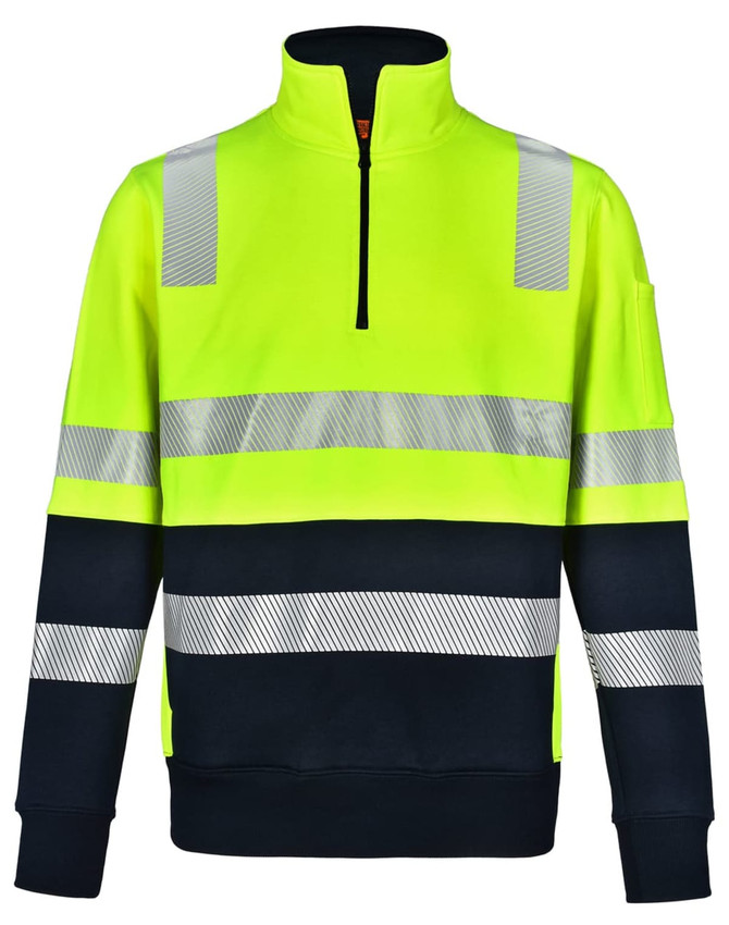 A high-visibility yellow and navy work jumper featuring reflective stripes and a zippered collar. It has a logo.