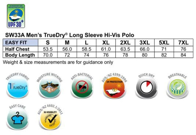 A table displaying size measurements for the Men's Truedry Long Sleeve Hi-Vis Polo, featuring various logos and icons.